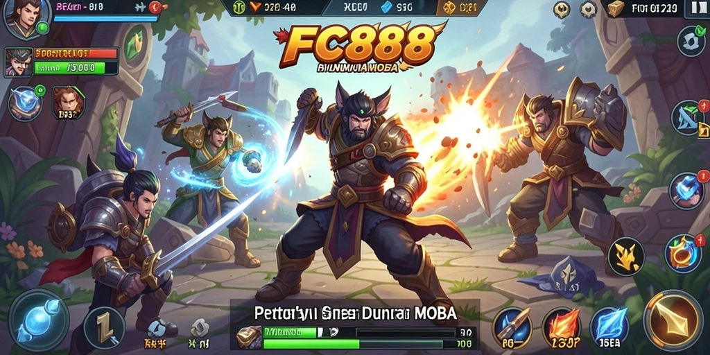 Tangkapan layar utama dari gameplay seru FC888 di arena MOBA.