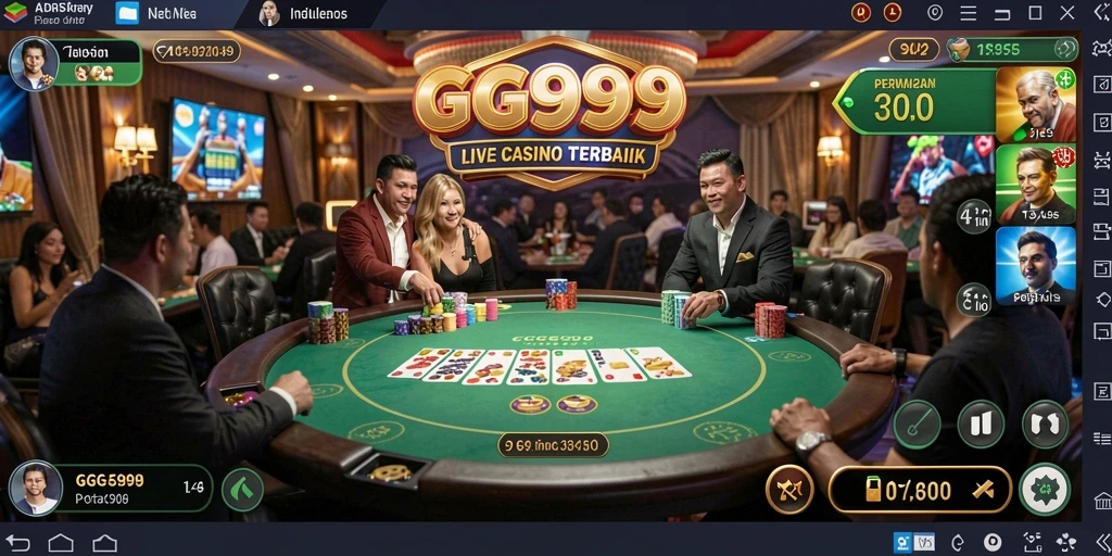 Screenshot gameplay GG999 menampilkan dealer nyata dan suasana kasino yang menarik.