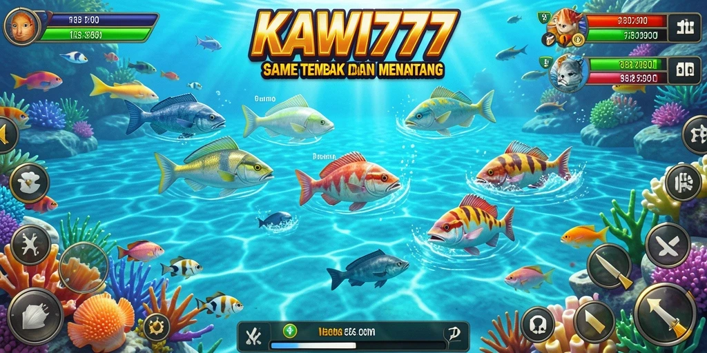 Tangkapan layar gameplay KAWI777 menampilkan aksi menembak ikan yang penuh warna.