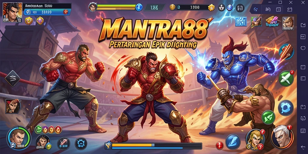 Screenshot utama MANTRA88 menampilkan aksi pertarungan yang mendebarkan.