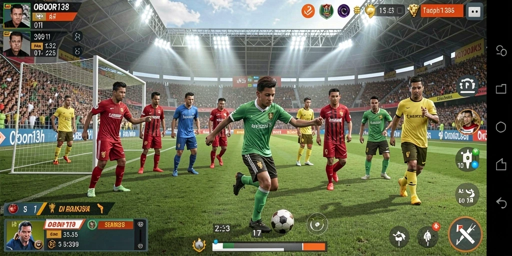 Tampilan gameplay menegangkan dalam OBOR138, menunjukkan aksi sepak bola yang seru.