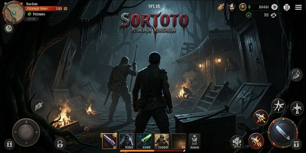Tampilan gameplay SORTOTO dengan atmosfer horror yang mencekam.