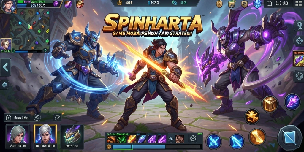 Tangkapan layar SPINHARTA menampilkan aksi intens dalam pertempuran MOBA.