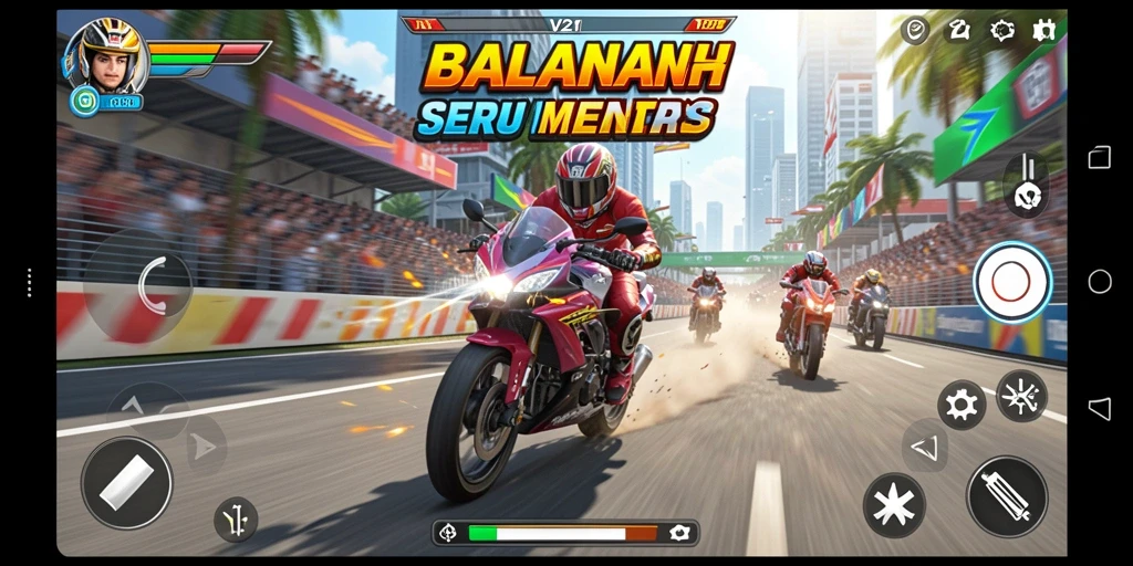 Screenshot V21 menampilkan aksi balap motor yang mendebarkan.